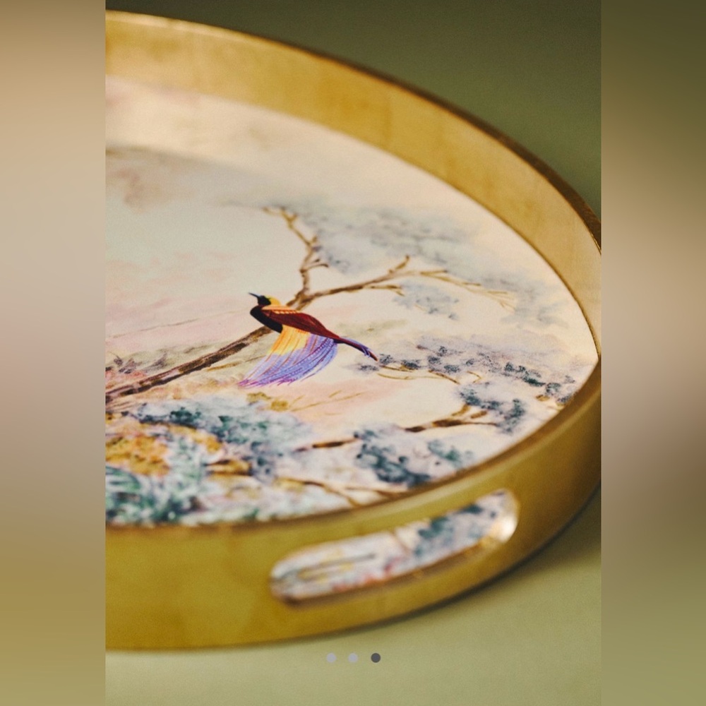 Anthropologie Gold and Multicolor Bird Alexandra Lacquer Tray 24"L X 18.5"W New